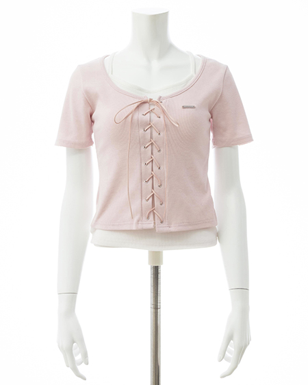 INGNI（イング） キャミレイヤード風リブレースアップトップス ﾋﾟﾝｸ/ｵﾌﾎﾜｲﾄ