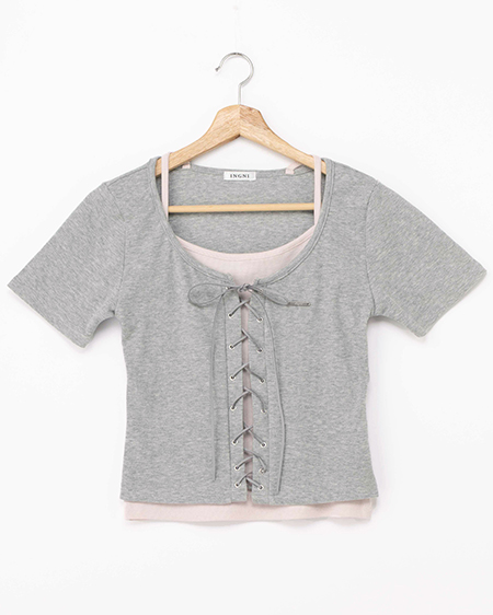 キャミレイヤード風リブレースアップトップス