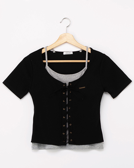 キャミレイヤード風リブレースアップトップス