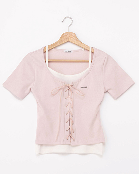 キャミレイヤード風リブレースアップトップス