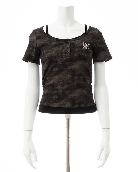 INGNI（イング） ムラ染めヘンリーネックレイヤード胸クロストップス ｸﾛ