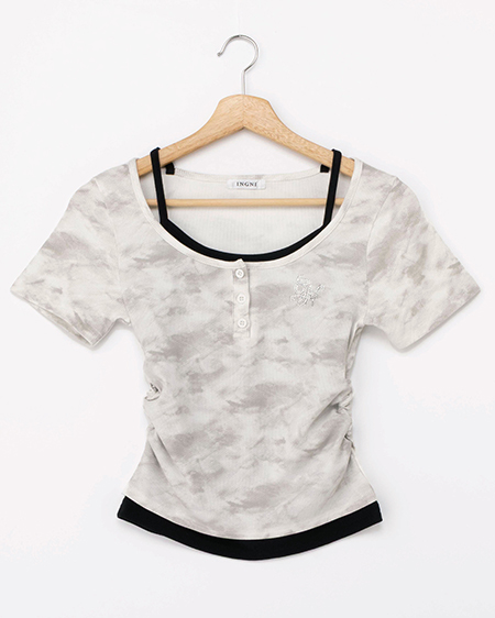 ムラ染めヘンリーネックレイヤード胸クロストップス