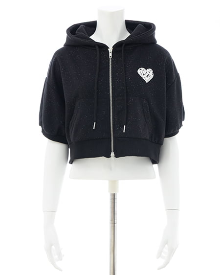 INGNI（イング） バックハートラメスウェットショートジップパーカー ｸﾛ/ｵﾌﾎﾜｲﾄ