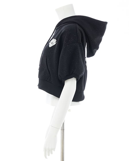 INGNI（イング） バックハートラメスウェットショートジップパーカー ｸﾛ/ｵﾌﾎﾜｲﾄ