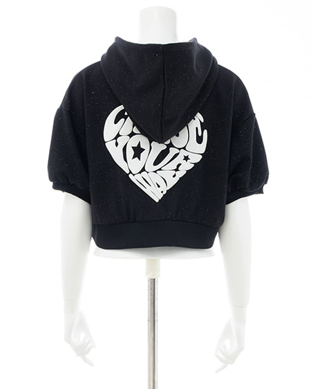 INGNI（イング） バックハートラメスウェットショートジップパーカー ｸﾛ/ｵﾌﾎﾜｲﾄ