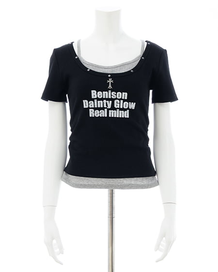 INGNI（イング） スタッズ付レイヤードリブロゴトップス ｸﾛ/ｸﾞﾚｰ