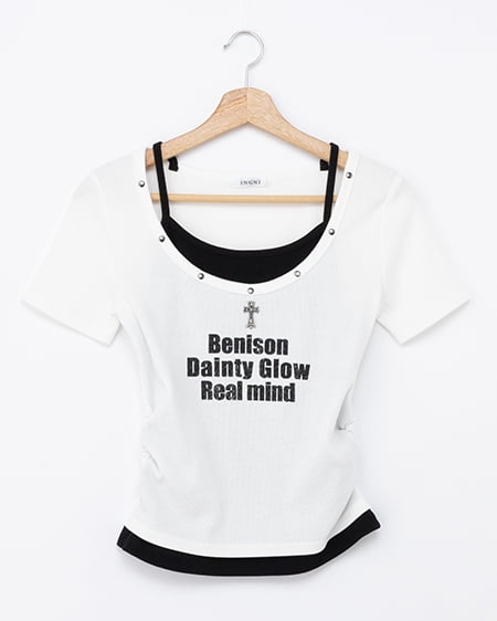 スタッズ付レイヤードリブロゴトップス