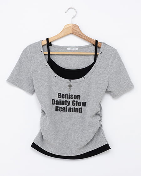 スタッズ付レイヤードリブロゴトップス