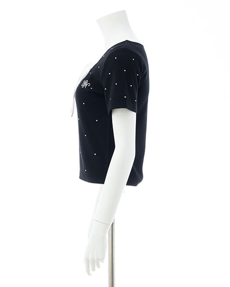 INGNI(イング) 配色パイピングリボンラインストーン飛ばしリブトップス クロ/オフホワイト