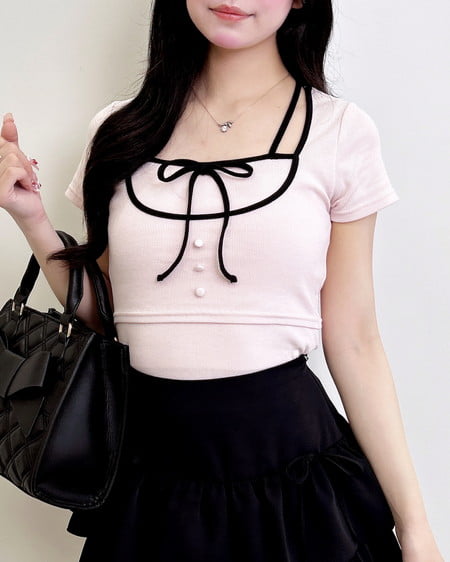 配色パイピングリボンレイヤードトップス