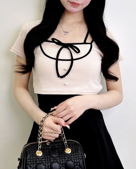 配色パイピングリボンレイヤードトップス