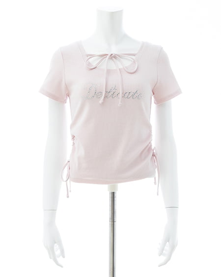 INGNI（イング） サイドギャザーリボンラインストーンロゴリブトップス ﾗｲﾄﾋﾟﾝｸ