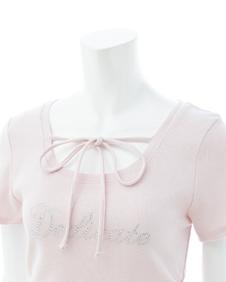 INGNI（イング） サイドギャザーリボンラインストーンロゴリブトップス ﾗｲﾄﾋﾟﾝｸ