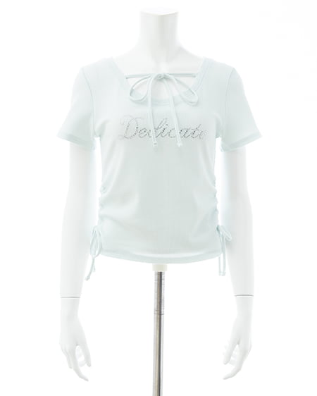 INGNI（イング） サイドギャザーリボンラインストーンロゴリブトップス ｻｯｸｽ