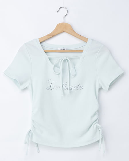 サイドギャザーリボンラインストーンロゴリブトップス