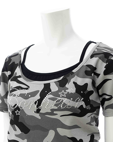 INGNI（イング） メイサイレイヤードラインストーンロゴトップス ｸﾞﾚｰ/ｸﾛ