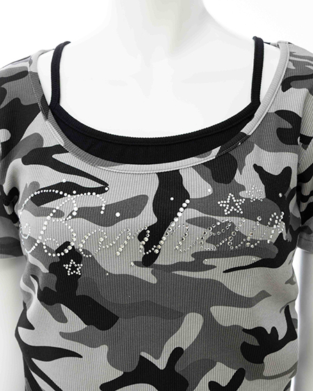 INGNI（イング） メイサイレイヤードラインストーンロゴトップス ｸﾞﾚｰ/ｸﾛ