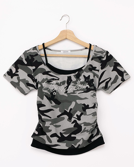 メイサイレイヤードラインストーンロゴトップス