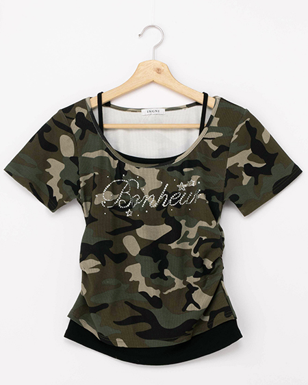 メイサイレイヤードラインストーンロゴトップス