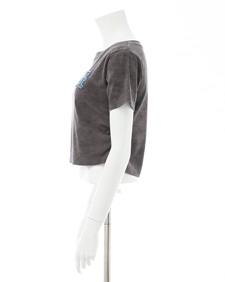 INGNI（イング） ムラ染めデニムロゴサイドギャザーTシャツ ｶｰｷ