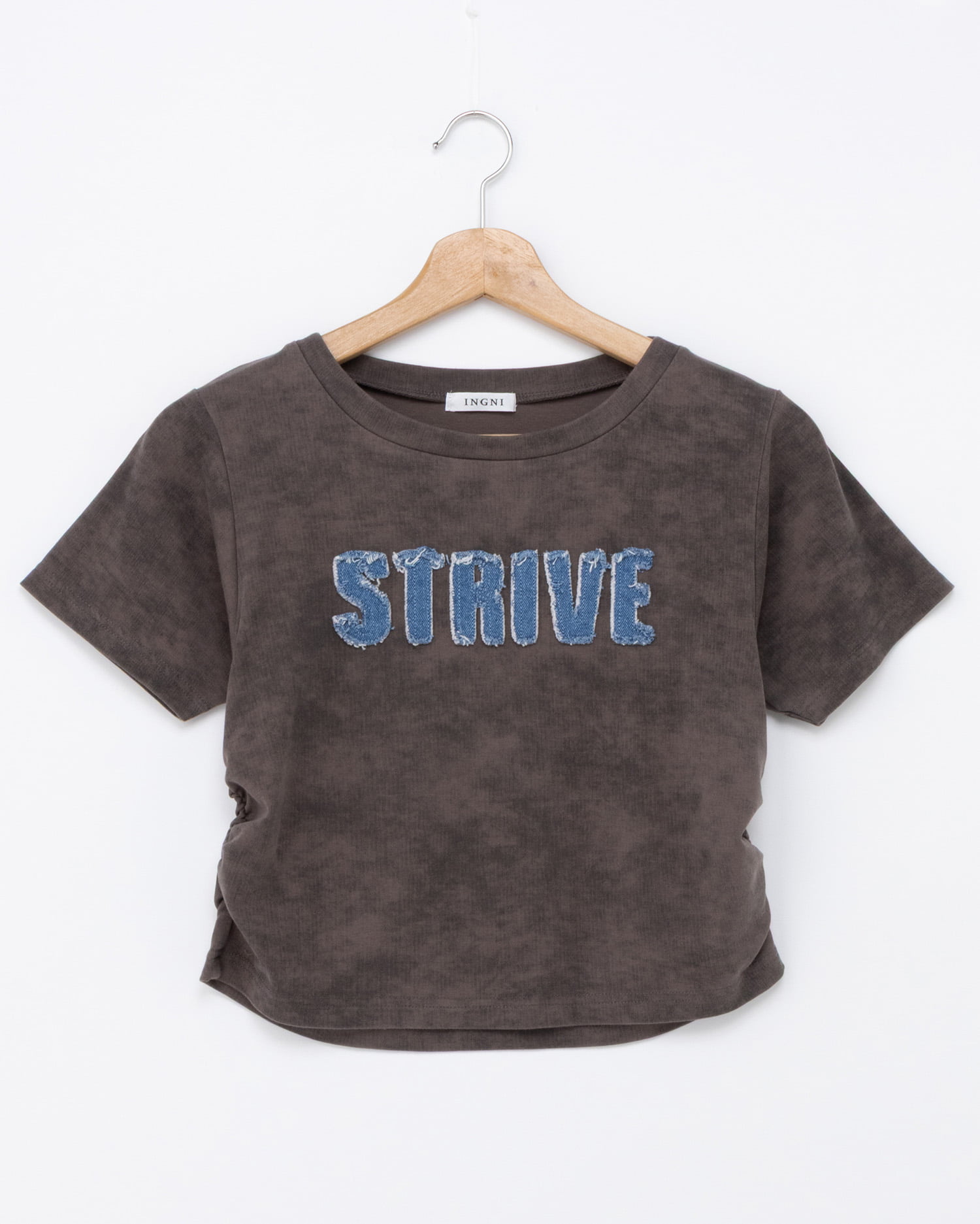 ムラ染めデニムロゴサイドギャザーTシャツ