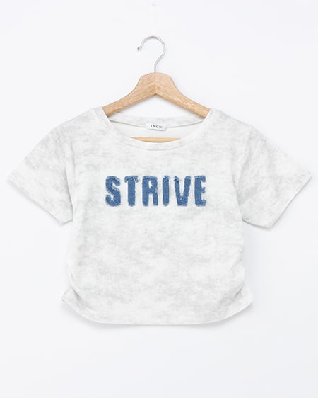 【5／7 2時までの限定価格】ムラ染めデニムロゴサイドギャザーTシャツ