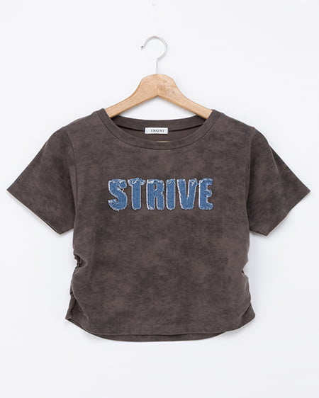 【5／7 2時までの限定価格】ムラ染めデニムロゴサイドギャザーTシャツ