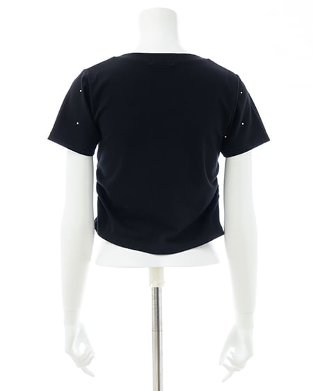 INGNI（イング） ラインストーン飛ばしロゴサイドギャザーTシャツ ｸﾛ