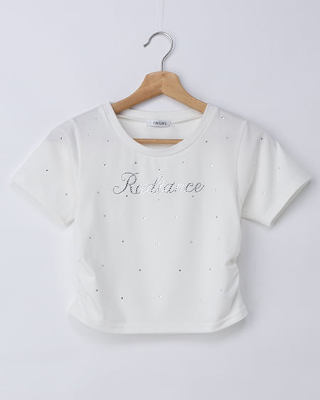 ラインストーン飛ばしロゴサイドギャザーTシャツ