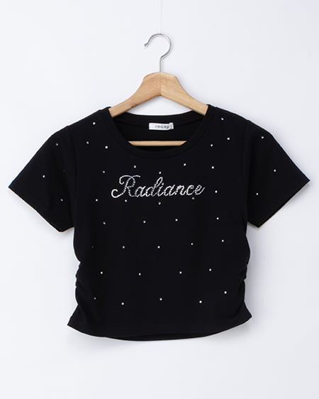 ラインストーン飛ばしロゴサイドギャザーTシャツ