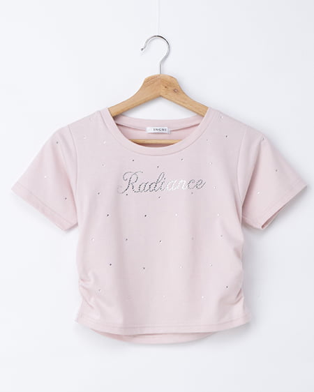 ラインストーン飛ばしロゴサイドギャザーTシャツ