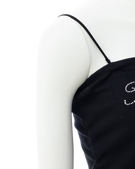 INGNI（イング） ラインストーンロゴサイドギャザーベアリブキャミ ｸﾛ