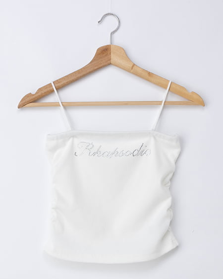 ラインストーンロゴサイドギャザーベアリブキャミ