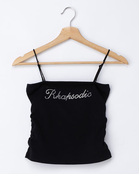 ラインストーンロゴサイドギャザーベアリブキャミ