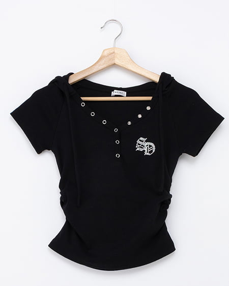 ヘンリーネックフードリブトップス