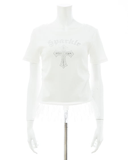 INGNI（イング） レースレイヤードラインストーンクロスロゴリブトップス ｵﾌﾎﾜｲﾄ