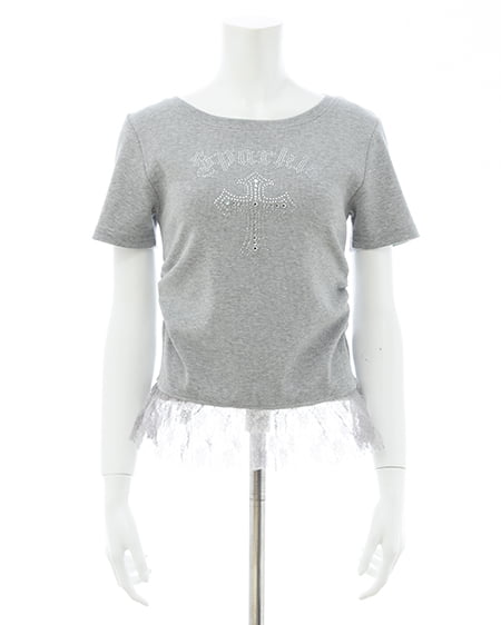 INGNI（イング） レースレイヤードラインストーンクロスロゴリブトップス ｸﾞﾚｰ