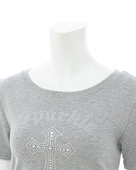 INGNI（イング） レースレイヤードラインストーンクロスロゴリブトップス ｸﾞﾚｰ