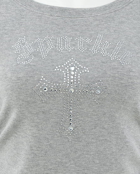 INGNI（イング） レースレイヤードラインストーンクロスロゴリブトップス ｸﾞﾚｰ