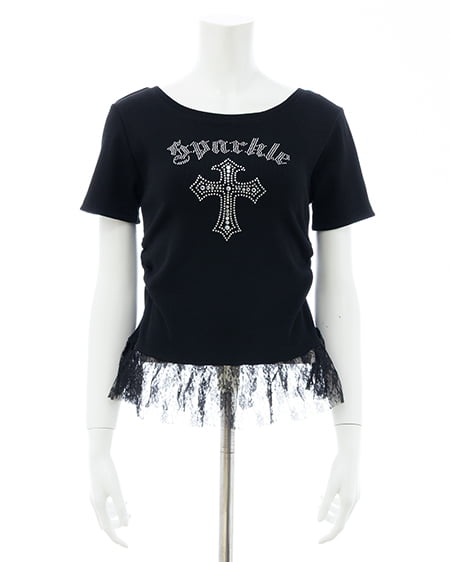 INGNI（イング） レースレイヤードラインストーンクロスロゴリブトップス ｸﾛ