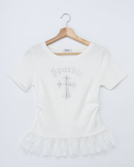 【5／7 2時までの限定価格】レースレイヤードラインストーンクロスロゴリブトップス