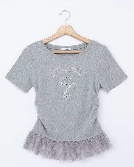 【5／7 2時までの限定価格】レースレイヤードラインストーンクロスロゴリブトップス