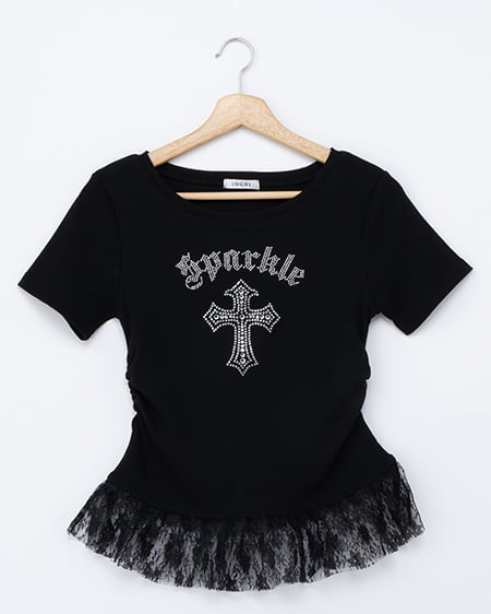 【5／7 2時までの限定価格】レースレイヤードラインストーンクロスロゴリブトップス