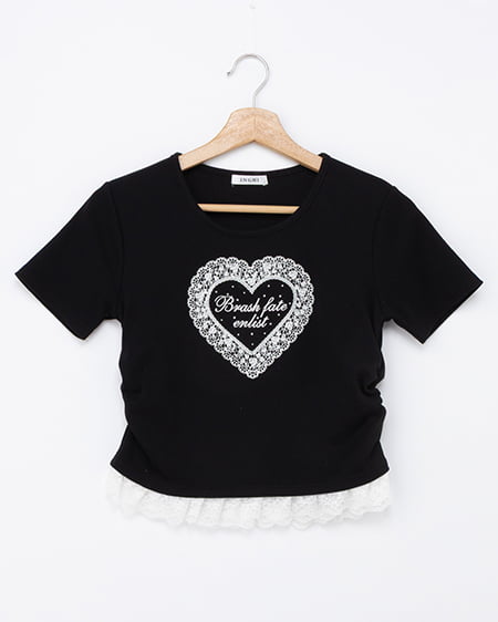 レースハートロゴ裾レース出しリブトップス