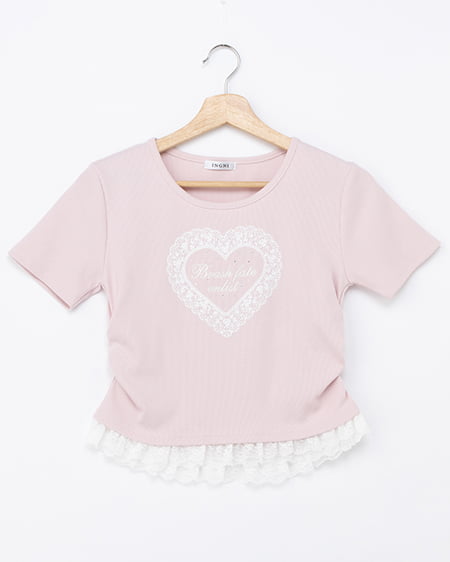 レースハートロゴ裾レース出しリブトップス