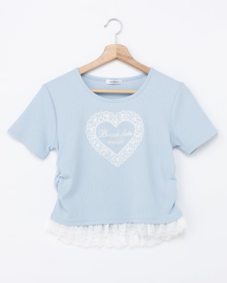 レースハートロゴ裾レース出しリブトップス