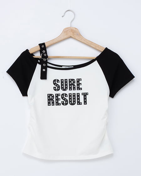 肩ベルトラインストーン付ロゴラグランTシャツ