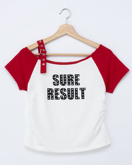 肩ベルトラインストーン付ロゴラグランTシャツ