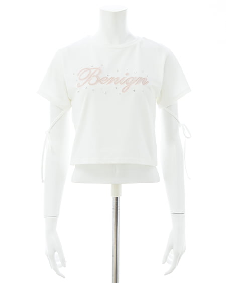 INGNI（イング） ビジュー飛ばし袖リボンレースロゴTシャツ ｵﾌﾎﾜｲﾄ/ﾋﾟﾝｸ