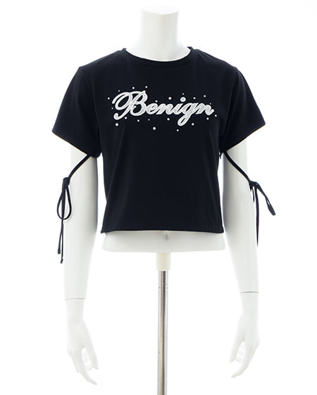 INGNI（イング） ビジュー飛ばし袖リボンレースロゴTシャツ ｸﾛ/ｵﾌﾎﾜｲﾄ